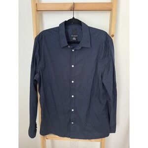 H&M Men's Slim Fit dress casual polka dot Button shirt Navy Easy Iron XL (B2)